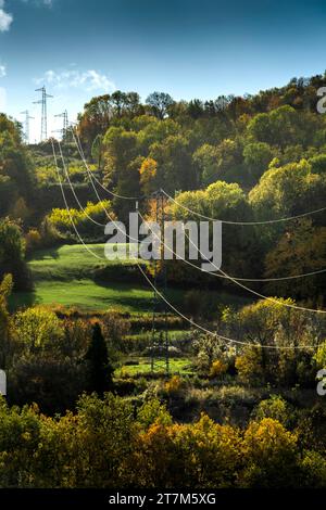 Linee ad alta tensione, dipartimento di Puy de Dome, Auvergne Rhone Alpes, Francia, Europa Foto Stock