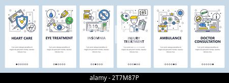 Schermate di onboarding delle app mobili. Trattamento Medicat, controllo dell'ospedale, dottore, farmaci. Modello di banner vettoriale per lo sviluppo di siti Web e dispositivi mobili. Noi Illustrazione Vettoriale