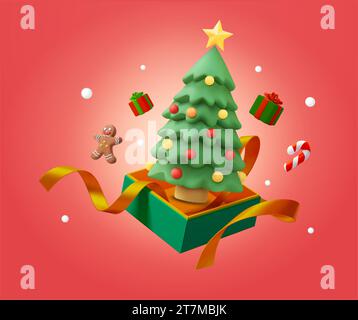 banner regalo di natale 3d con confezioni regalo, nastro dorato, pino noel decorato, uomo del pan di zenzero, caramelle, isolato sullo sfondo. rendering 3d, isolato su sfondo rosso. Progettazione vettoriale. Illustrazione vettoriale Illustrazione Vettoriale