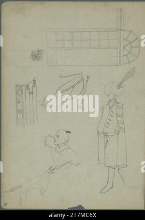Franz Wacik Sketch of Building deficiency; Sketch of an Ottoman, a drum, a flag; sketch parziale di una figura (parzialmente in piedi). Matita 1915 , 1915 Foto Stock