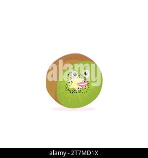 Kiwi Fruit sorride. Simpatiche emoticon dei cartoni animati. Icone emoji. Personaggio Kiwi con viso e occhiali da sole alla moda. Perfetto per bambini, merchandising e adesivi Illustrazione Vettoriale