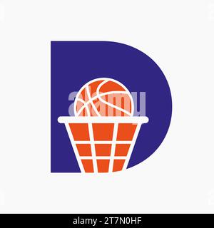 Logo Letter D Basketball. Modello vettore simbolo logotipo palla cestello Illustrazione Vettoriale
