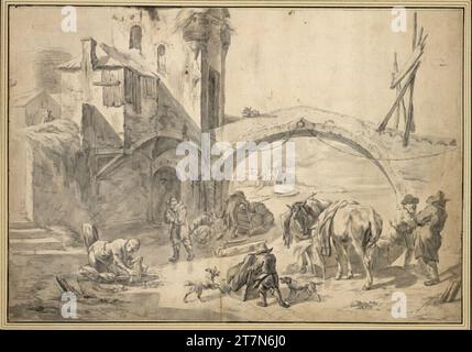 Anonym City Gate e ponte con una scena invernale sul ghiaccio del fosso della città. Pennelli in grigio, grigio e grigio-marrone, su matita di grafite. Commercio di una piega verticale (a volte rotta e sporca brunemente); allo stesso tempo, schiacciare le pieghe nella metà inferiore. Diverse macchie marroni nell'area superiore. Sporco marrone chiaro sui bordi. Foto Stock