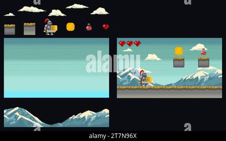 Kit di grafica per giochi medioevali con grafica pixel art. Indossa un'armatura che regge spada e scudo con montagne, nuvole e oggetti diversi. Videogioco rétro V Illustrazione Vettoriale