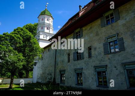 La Torre delle polveri, una torre conservata intorno al 1400 nella cinta muraria medievale della città vecchia di Wangen im Allgäu, alta Svevia, Germania. Foto Stock