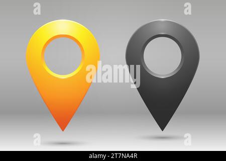 Una serie di icone di geolocalizzazione gialle e grigie su uno sfondo graduato. Illustrazione Vettoriale
