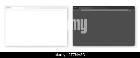 Finestre del browser. Una serie di finestre vuote realistiche del browser in bianco e grigio con una barra degli strumenti, una barra di ricerca e un'ombra su uno sfondo bianco. Illustrazione Vettoriale