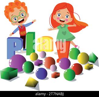 bambini che giocano con palline colorate e forme geometriche Illustrazione Vettoriale