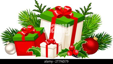 Scatole regalo di Natale, rami di abete, palle di Natale e holly isolati su sfondo bianco. Illustrazione vettoriale Illustrazione Vettoriale