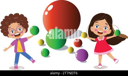 bambini che giocano con palline colorate e forme geometriche Illustrazione Vettoriale