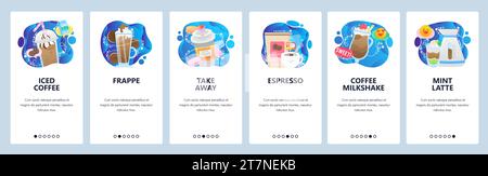 Schermate di onboarding delle app mobili. Bevande a base di caffè, espresso, frappe, tazza di caffè da asporto. Modello di banner vettoriale per gli sviluppatori di siti Web e dispositivi mobili Illustrazione Vettoriale