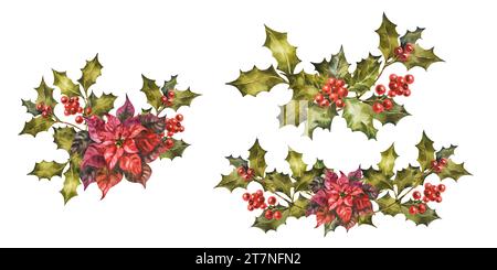 Poinsettia acquerello con decorazioni floreali natalizie. Fiori e piante tradizionali dipinte a mano: agrifoglio, vischio, bacche isolate su fondo bianco Foto Stock