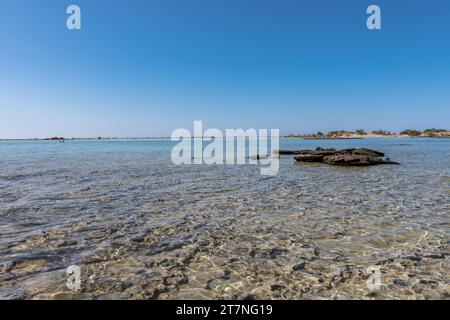 Splendida vista sulla spiaggia di Elafonisi, Chania. La meravigliosa spiaggia rosa. Isola di Elafonissi, un paradiso con meravigliosi coralli rosa e acque turchesi. Foto Stock