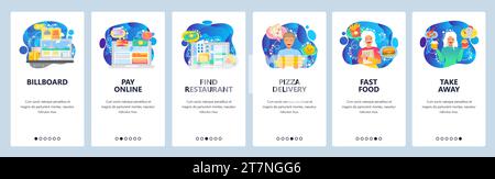 Schermate di onboarding delle app mobili. Acquista fast food online, consegna pizza, ordine da asporto, pagamento con carta di credito. Modello banner vettoriale di menu per siti Web e. Illustrazione Vettoriale