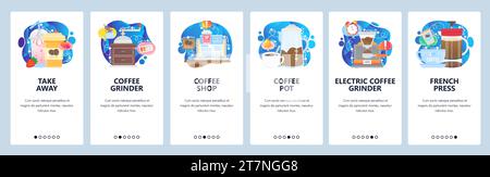 Schermate di onboarding delle app mobili. Tazza da caffè da asporto, french press, macinacaffè. Modello di banner vettoriale per lo sviluppo di siti Web e dispositivi mobili. Web Illustrazione Vettoriale