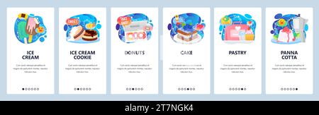 Schermate di onboarding delle app mobili. Dessert, dolci, gelato, ciambelle, torta, cupcake, panna cotta. Modello banner vettoriale menu per siti Web e dispositivi mobili d Illustrazione Vettoriale