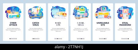 Schermate di onboarding delle app mobili. Sicurezza informatica, attacco di virus, hacker, protezione con password, blocco telefono, e-mail malware. Modello banner vettoriale menu per W Illustrazione Vettoriale