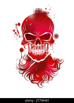 Teschio astratto rosso con barba. Illustrazione vettoriale. Disegnato a mano, non IA Illustrazione Vettoriale