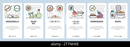 Schermate di onboarding delle app mobili. Cucina italiana, cibo, olio d'oliva, mozzarella, panna cotta, pasta. Modello di banner vettoriale di menu per siti Web e mo Illustrazione Vettoriale