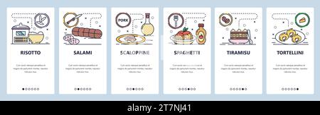 Schermate di onboarding delle app mobili. Cucina italiana, cibo, risotto, salame, pasta, tortellini. Modello di banner vettoriale per lo sviluppo di siti Web e dispositivi mobili Illustrazione Vettoriale