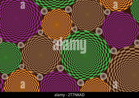 Tessuto African Print, ornamenti etnici fatti a mano per il tuo design, motivi tribali colorati elementi geometrici a spirale. Tessuto vettoriale, tessuto afro Ankara Illustrazione Vettoriale