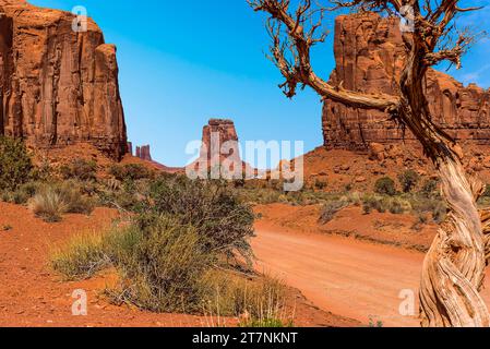 Vista dalla finestra nord incorniciata da Elephant Butte e Cly Butte nel parco tribale della Monument Valley in primavera Foto Stock