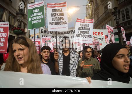 Malaga, Spagna. 16 novembre 2023. Gli studenti sono visti in possesso di cartelli e cantare slogan mentre prendono parte a una seconda manifestazione studentesca a sostegno della Palestina e di Gaza. Decine di studenti hanno partecipato a una protesta dell'unione studentesca chiedendo la fine del bombardamento di Gaza e in solidarietà con il popolo palestinese, nel mezzo della guerra tra Israele e Hamas. Credito: SOPA Images Limited/Alamy Live News Foto Stock