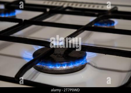 Closeup colpo di fuoco blu da cucina domestica di fornello. Fornello a gas con fiamme di gas propano. Risorse industriali e concetto di economia. Foto Stock