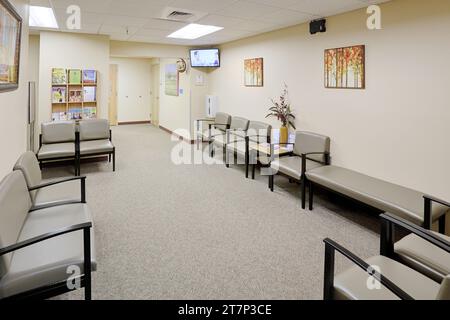 L'area d'attesa di un moderno studio medico, decorata in tranquille e rilassanti tonalità della terra. Foto Stock
