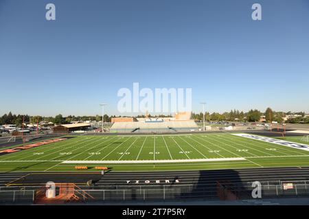 Un campo da football della scuola superiore ristrutturato di recente, con un nuovo terreno artificiale. Foto Stock