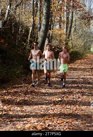 Tre ragazzi adolescenti, membri di una squadra di atletica liceale, corrono insieme sul famoso Virginia Creeper Trail ad Abingdon, Virginia. Foto Stock