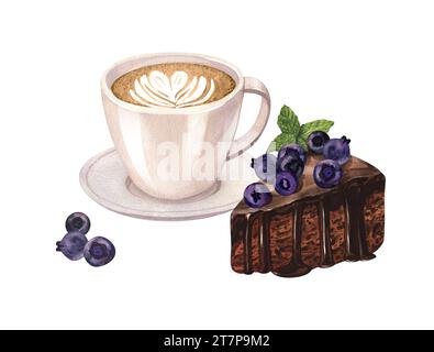 Tazza di caffè, latte e torta al cioccolato con mirtillo. Panna da dessert con frutti di bosco e bevanda calda decorata con cuore di latte. Acquerello disegnato a mano Foto Stock