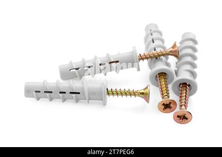 Viti di centraggio in plastica isolate su bianco. Attrezzo hardware Foto Stock