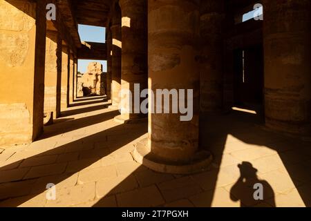 Rilievi geroglifici sulle gigantesche colonne delle antiche rovine del complesso del Tempio di Karnak nella città del deserto egiziano di Luxor Foto Stock