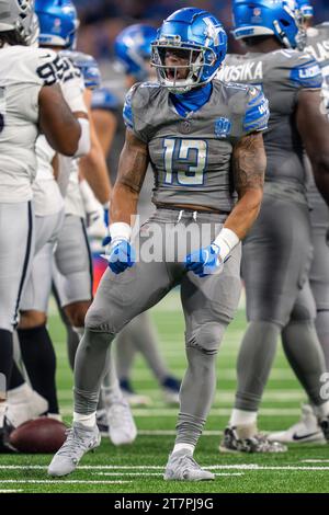 Detroit, mi, USA: Il running back dei Detroit Lions Craig Reynolds (13) festeggia durante una partita NFL contro i Las Vegas Raiders al Ford Field, lunedì, oC Foto Stock