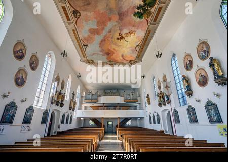 Loft per organi, Chiesa di San Giacomo, Markt Rettenbach, Svevia, Baviera, Germania Foto Stock