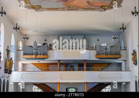 Loft per organi, Chiesa di San Giacomo, Markt Rettenbach, Svevia, Baviera, Germania Foto Stock