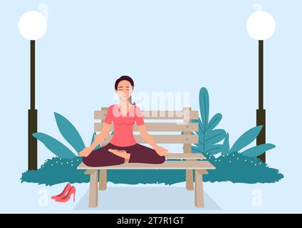 Semplice illustrazione vettoriale piatta di una donna che fa yoga su una panchina al parco Illustrazione Vettoriale