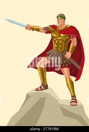 Illustrazione vettoriale di Gaio Giulio Cesare in piedi sulla roccia con il suo gladius Illustrazione Vettoriale