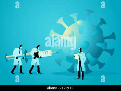 Illustrazione vettoriale del team medico solleva la siringa gigante per combattere la pandemia, vaccino per il concetto COVID-19 Illustrazione Vettoriale