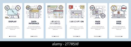 Schermate di onboarding delle app mobili. SEO, link building e digital marketing. Modello di banner vettoriale per lo sviluppo di siti Web e dispositivi mobili. Sito Web des Illustrazione Vettoriale