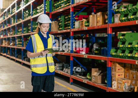 addetto al magazzino. il personale addetto all'inventario lavora in magazzino nella scaffalatura di stoccaggio del carico gestisce il controllo dell'ordine di spedizione tramite tablet. Foto Stock