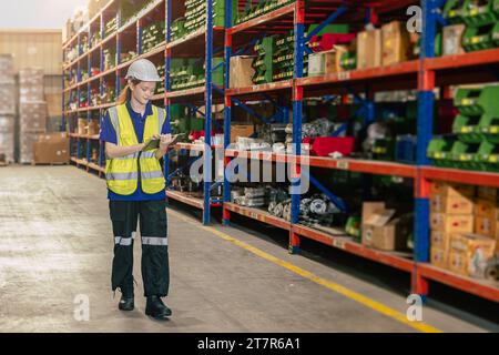 addetto al magazzino. il personale addetto all'inventario lavora in magazzino nella scaffalatura di stoccaggio del carico gestisce il controllo dell'ordine di spedizione tramite tablet. Foto Stock