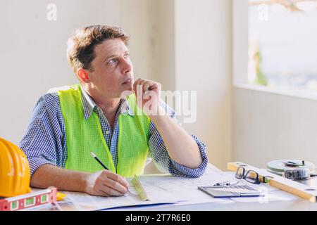 Pensiero caucasico ingegnere edile costruttore architetto progettista edile che lavora schizzo progettazione progettazione progettazione planimetria della casa Foto Stock