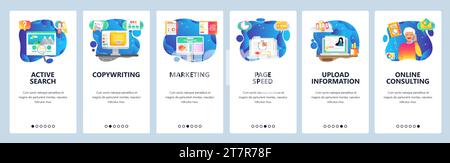 Schermate di onboarding delle app mobili. Marketing digitale, ricerca di informazioni, copywriting, velocità delle pagine. Modello banner vettoriale di menu per sito Web e mobile deve Illustrazione Vettoriale