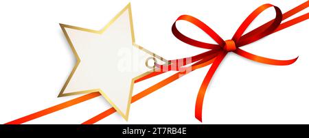 EPS 10 immagine vettoriale dell'arco a nastro rosso e. banda regalo con la forma di una stella dorata pendente per saluti di natale isolato su bianco backg Illustrazione Vettoriale