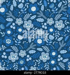 Motivo senza cuciture di intrecci di fiori e rami blu stilizzati su sfondo blu scuro Illustrazione Vettoriale