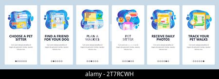 Trova l'app PET sitter. Cani e gatti sono seduti, camminano con gli animali. Schermate di onboarding delle app mobili. Modello banner vettoriale di menu per siti Web e mobi Illustrazione Vettoriale
