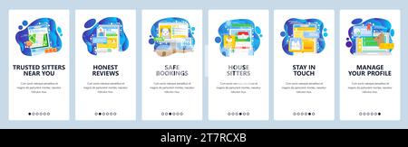 Applicazione mobile per trovare i PET sitter più affidabili. Cura di cani e gatti. Seduta in casa. Schermate di onboarding delle app mobili. Modello di banner vettoriale per il sito Web m Illustrazione Vettoriale