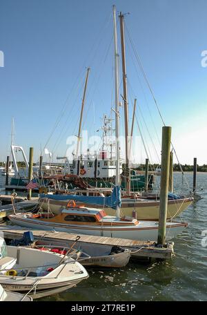 Gli alti alberi di barche a vela e l’attrezzatura si ergono sopra le barche ormeggiate e i piccoli dinghy legati a un molo nel porto di Beaufort, Beaufort, North Carolina. Foto Stock